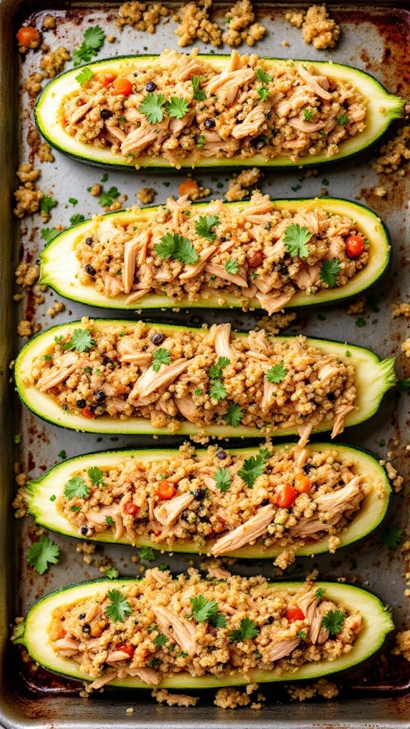 Stuffed zucchini boats filled with chicken and quinoa, garnished with cilantro.