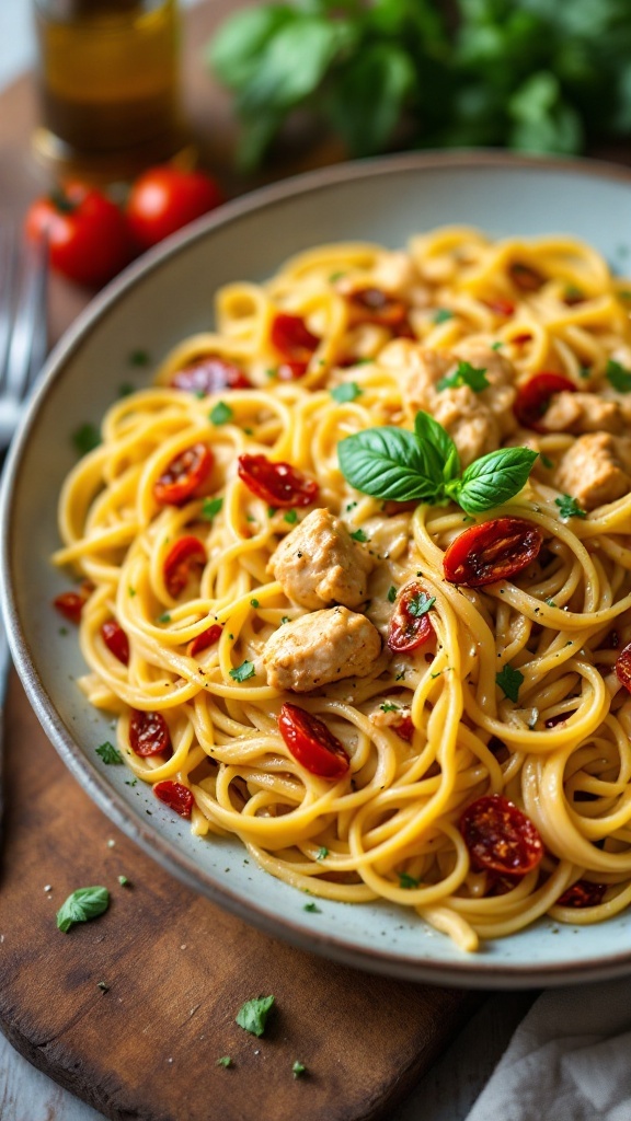 A plate of creamy Sun-Dried Tomato Alfredo pasta with chicken and garnished with basil.