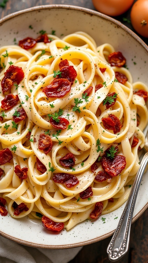 A bowl of fettuccine topped with sun-dried tomatoes and garnished with fresh parsley.