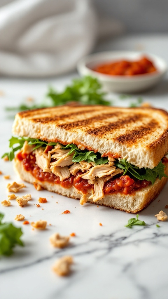 A sun-dried tomato and chicken spread sandwich with fresh greens