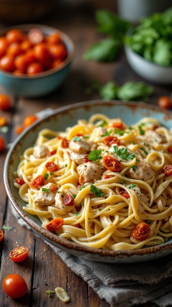 Creamy Sun-Dried Tomato Chicken Alfredo pasta dish