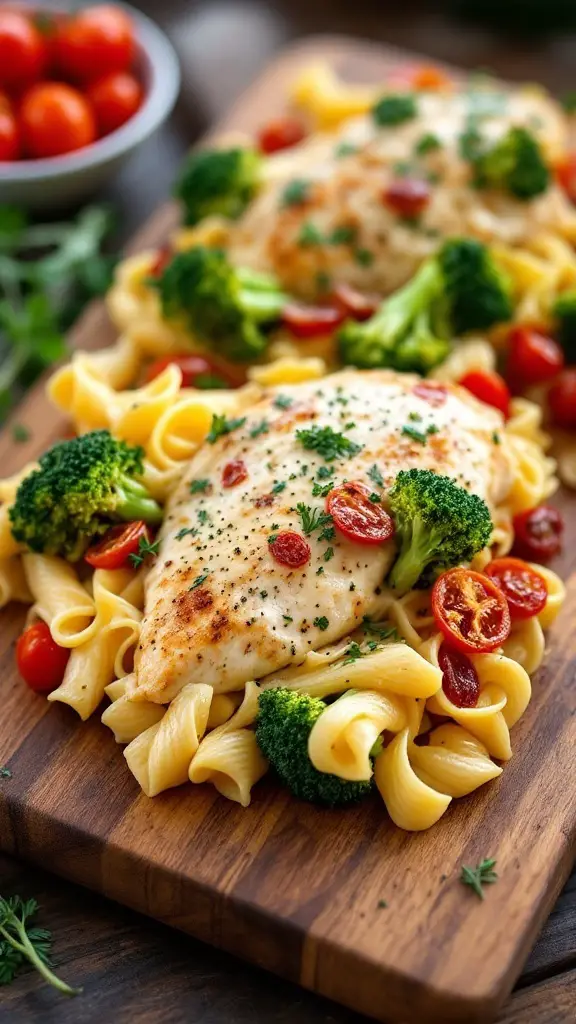 A delicious Sun-Dried Tomato Chicken Alfredo Bake served with broccoli and pasta.