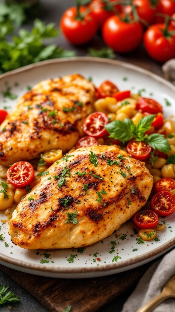 Delicious Sun-Dried Tomato Garlic Chicken served with colorful vegetables.