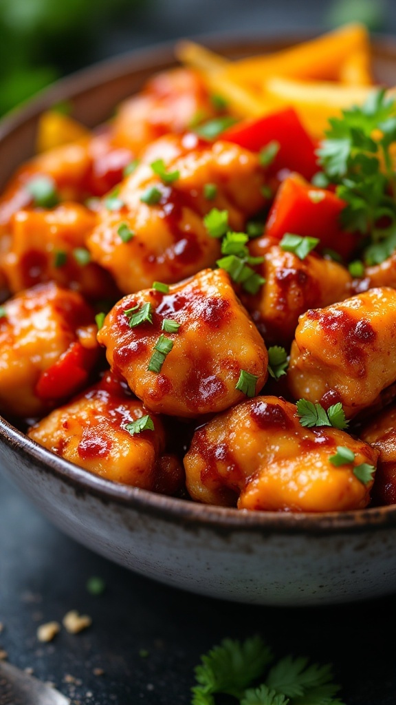 A bowl of sweet and sour chicken garnished with green herbs