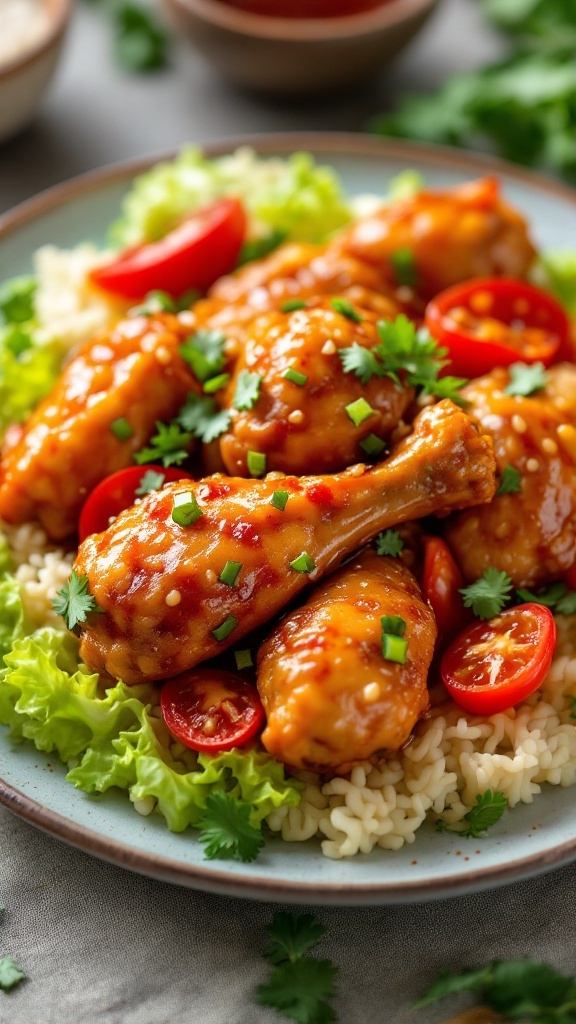 Sweet and Sour Chicken Drumsticks served on a plate with garnishes