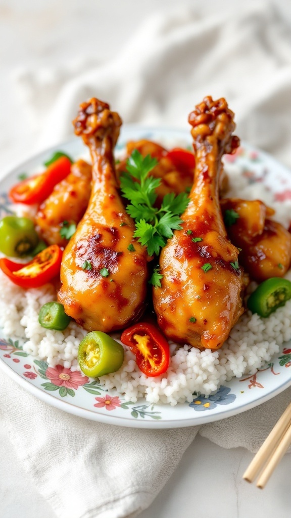 A plate of sweet and sour chicken legs served with rice and colorful vegetables.