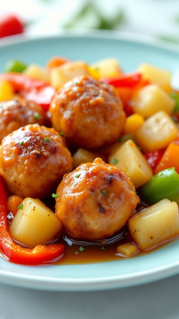 Sweet and Sour Chicken Meatballs served with colorful vegetables