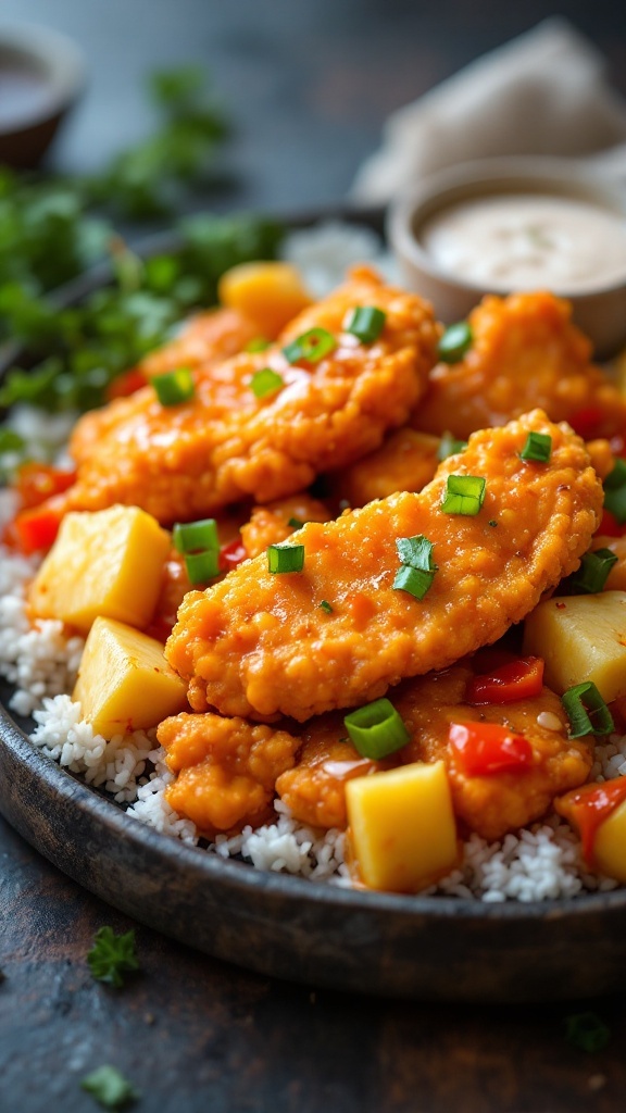 A plate of sweet and sour chicken tenders served with pineapple and bell peppers.