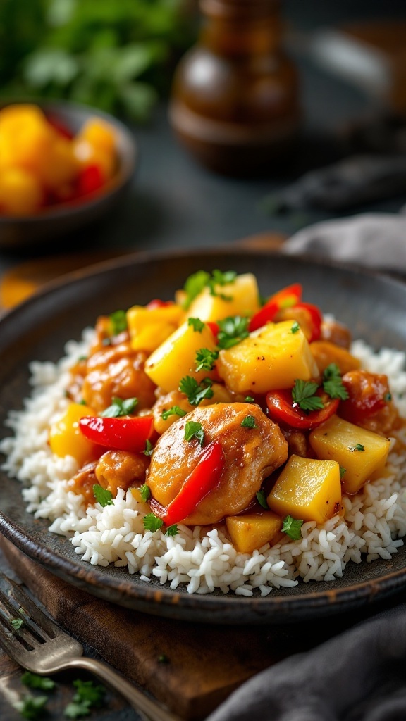 A plate of sweet and sour chicken served with rice and colorful vegetables.