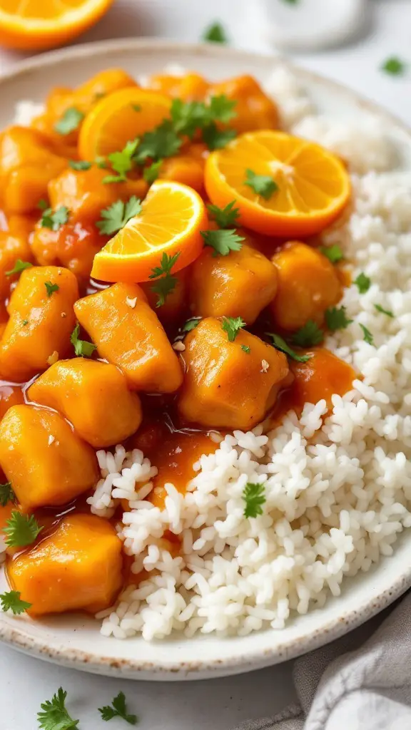 Sweet and Sour Orange Chicken served with rice and garnished with orange slices