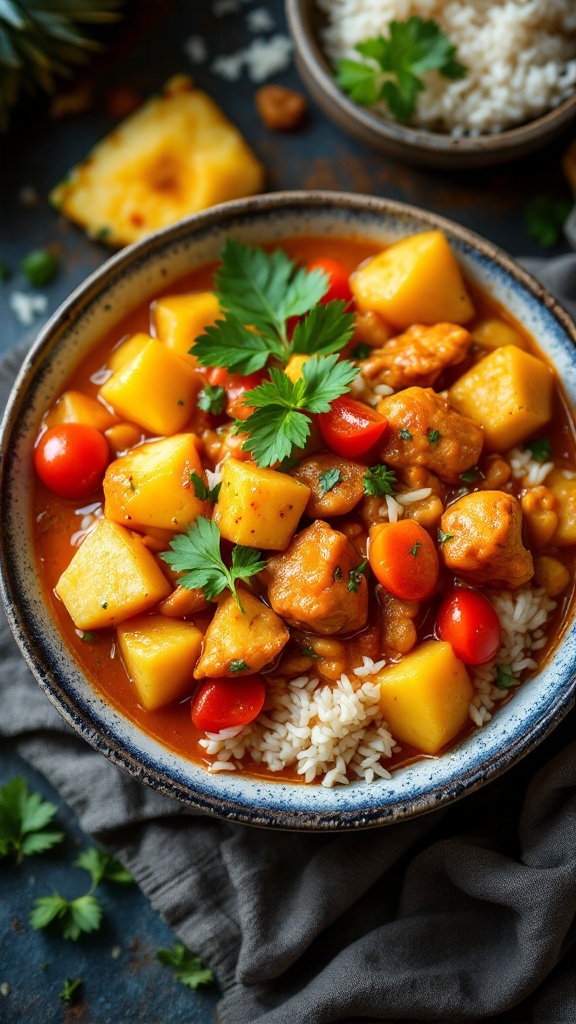 A bowl of sweet and sour pineapple chicken curry served over rice with fresh herbs.