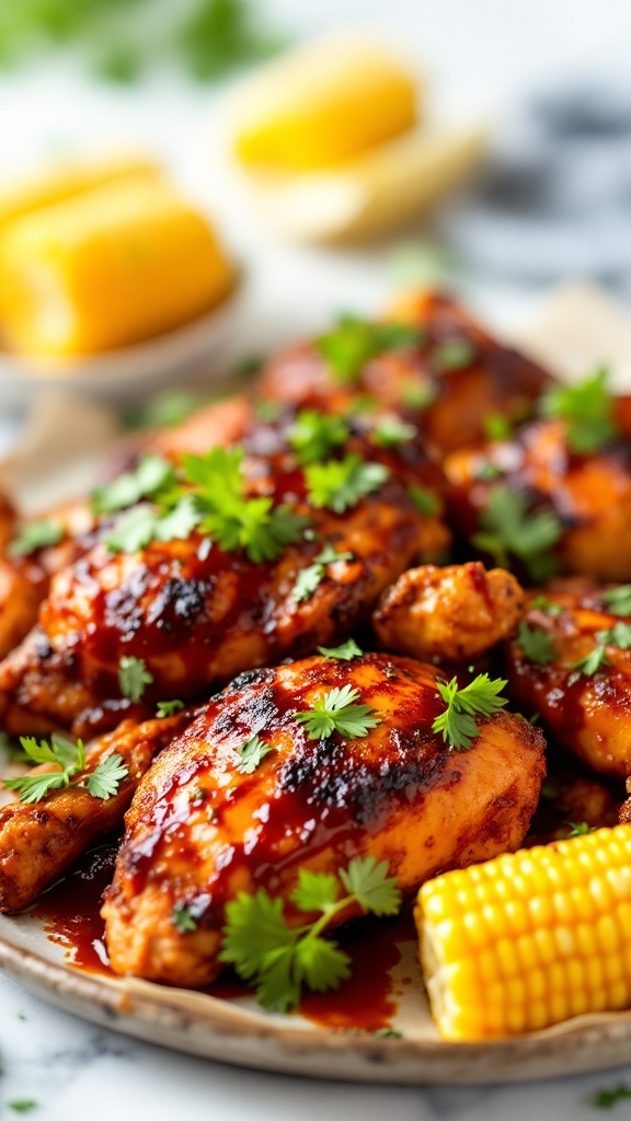 A plate of Sweet and Spicy BBQ Chicken garnished with cilantro and served with corn.