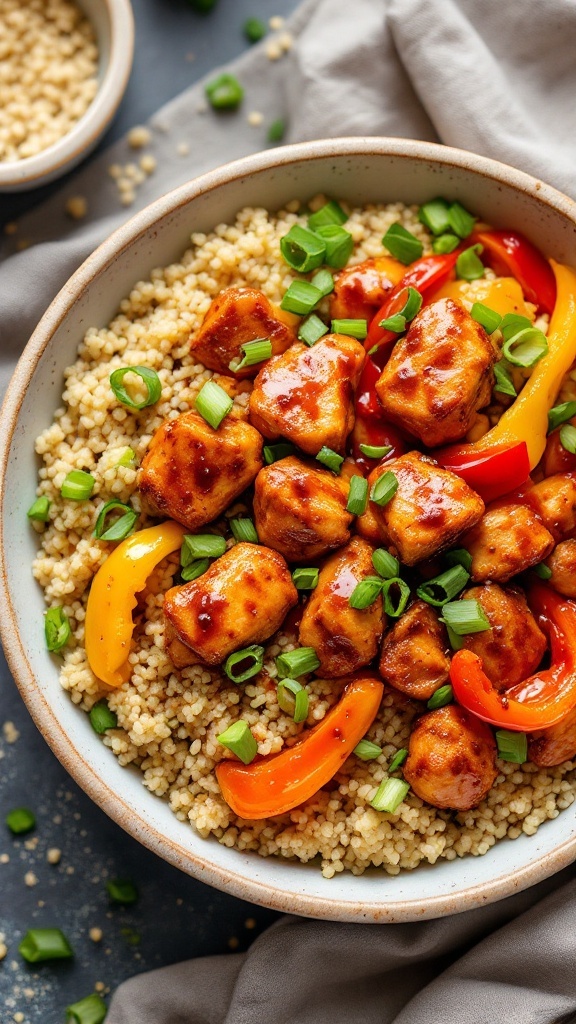 Sweet Chili Chicken Quinoa Bowl with colorful vegetables and green onions