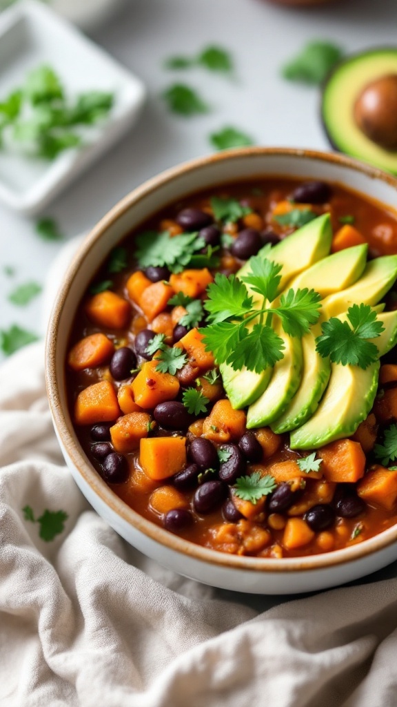 A bowl of sweet potato and black bean chili topped with avocado and cilantro