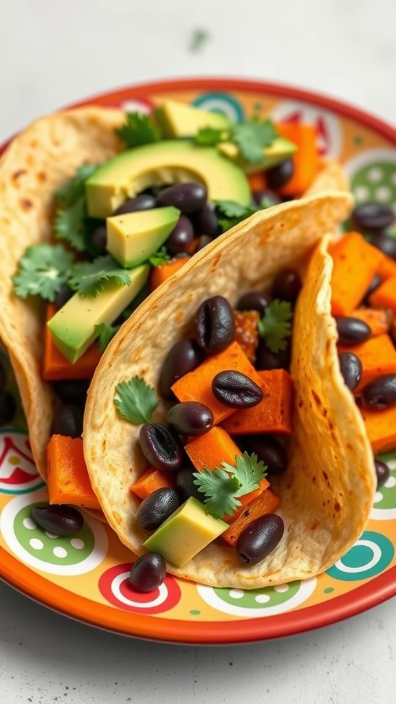 Sweet potato and black bean tacos on a colorful plate