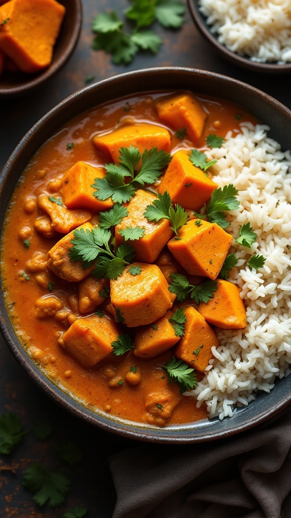 Sweet potato and chicken curry served with rice and garnished with cilantro