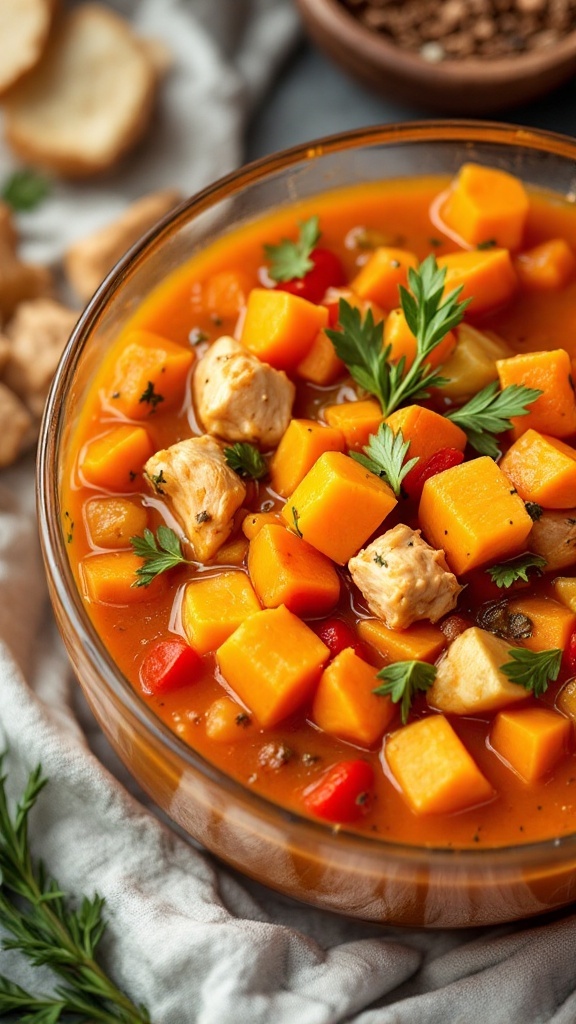 Bowl of sweet potato chicken and vegetable soup with fresh herbs