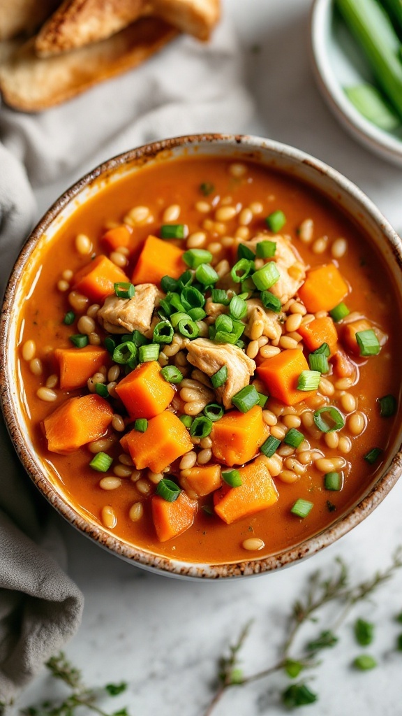 Bowl of Sweet Potato Chicken Barley Soup garnished with green onions