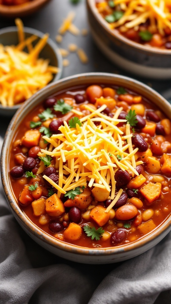 Bowl of Sweet Potato Chicken Chili topped with cheese and cilantro