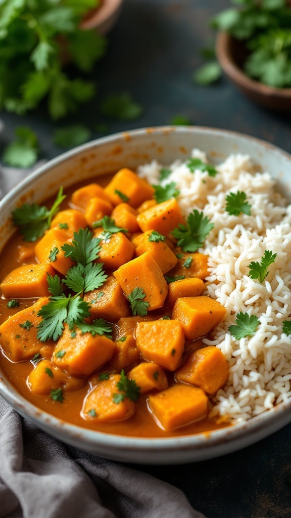 A bowl of sweet potato curry served with rice and garnished with cilantro.