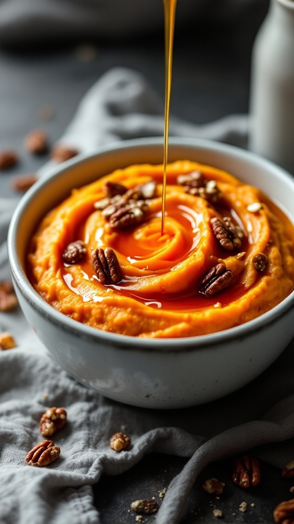 A bowl of creamy sweet potato mash topped with pecans and drizzled with syrup.