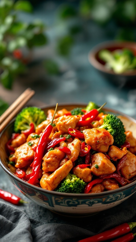 A bowl of colorful Szechuan chicken stir-fry with broccoli and red chili peppers.