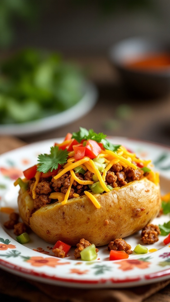 A delicious taco-stuffed baked potato topped with cheese, tomatoes, and green onions.