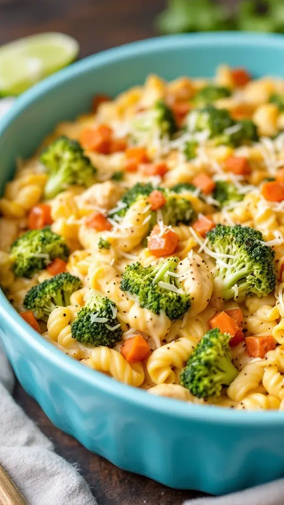 A delicious Taco Chicken Broccoli Alfredo Bake in a blue dish.