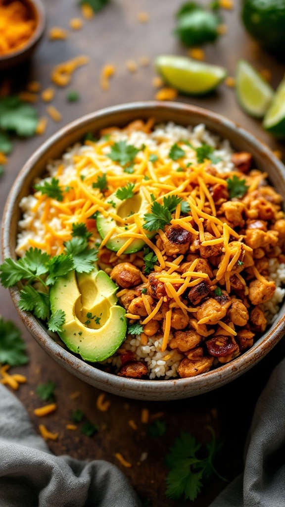 A delicious Taco Chicken Rice Bowl topped with cheese, avocado, and fresh herbs.