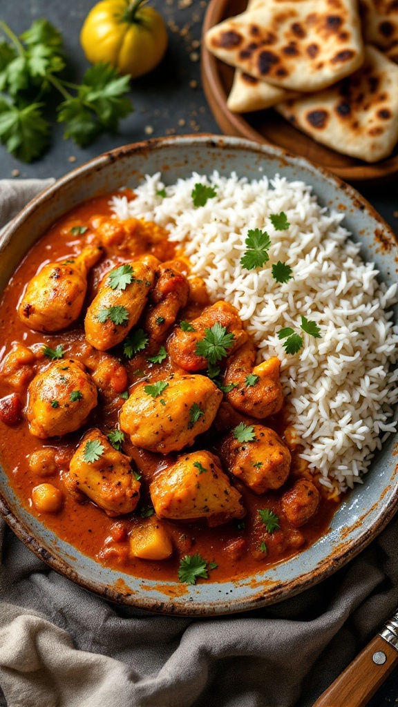 A bowl of Tandoori Chicken Curry served with rice and naan.