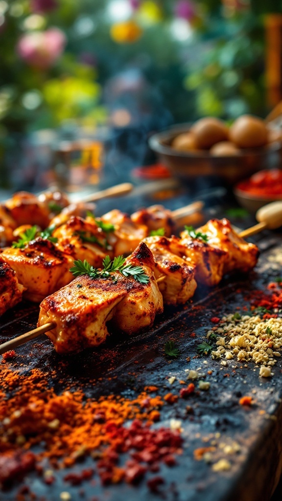 Tandoori spiced grilled chicken skewers with vibrant spices and herbs