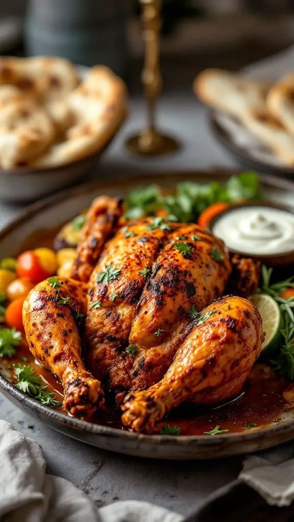 Roasted tandoori spiced chicken served with fresh salad and naan