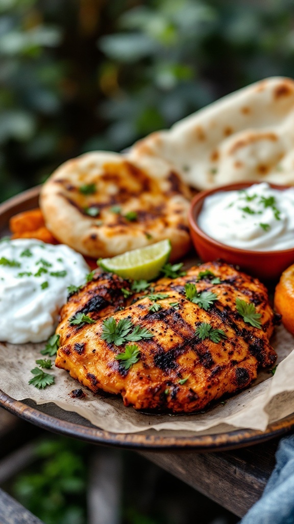 A grilled chicken breast with tandoori spices, served with naan and yogurt sauce.