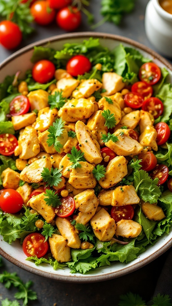 A vibrant and fresh chicken salad with jalapenos and cherry tomatoes on a bed of greens.