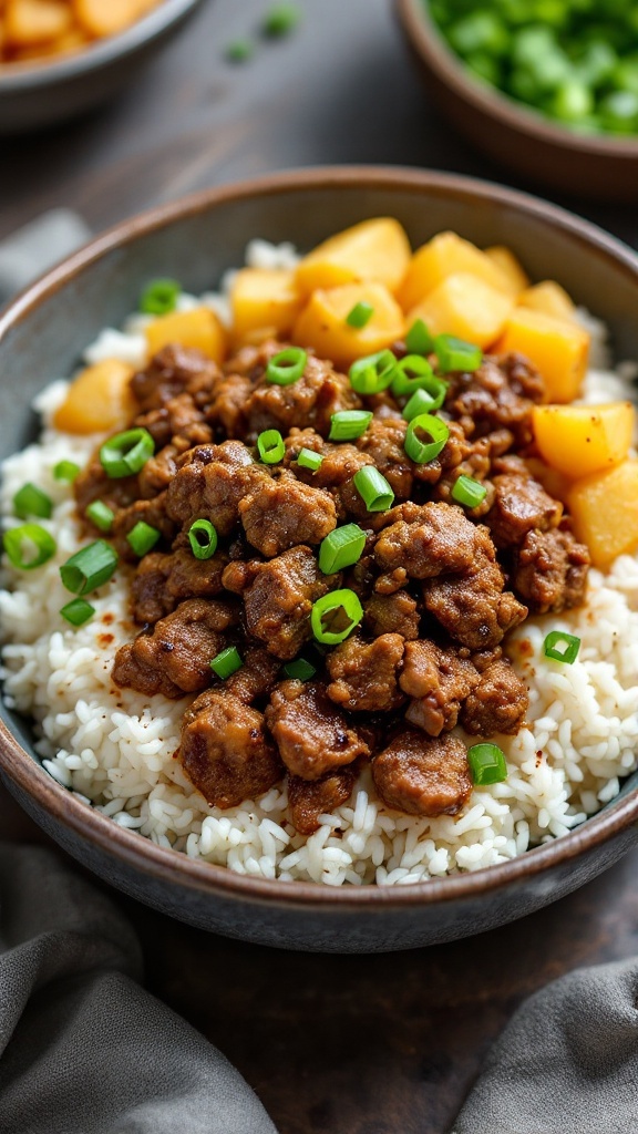 Teriyaki Beef and Potato Rice Bowl with green onions on top