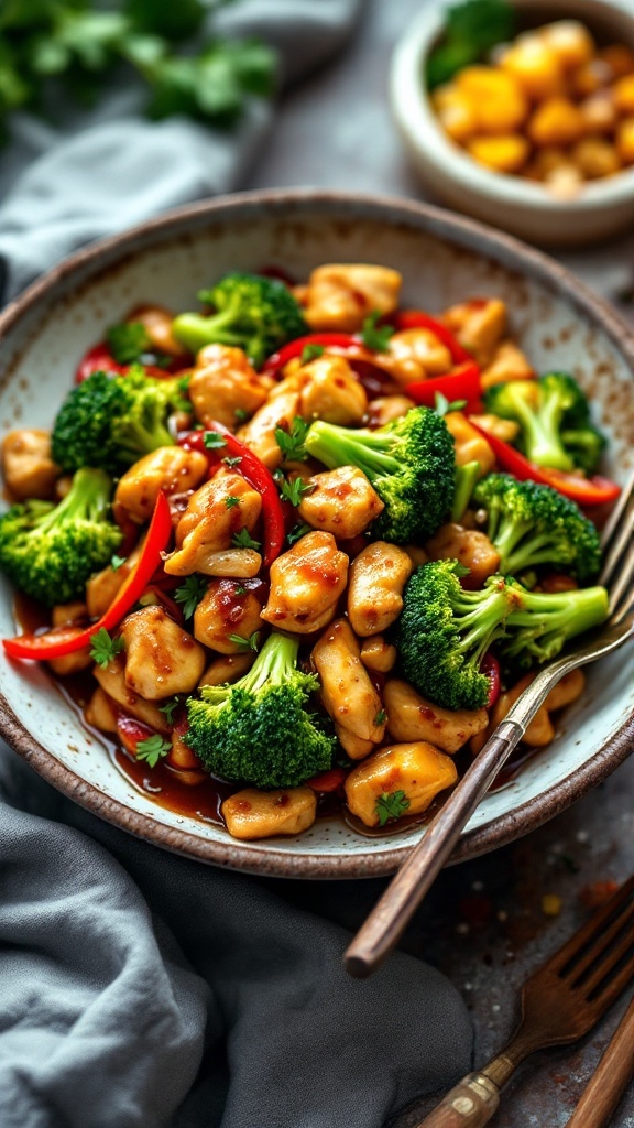 A bowl of Teriyaki Chicken and Broccoli Stir-Fry with colorful vegetables.