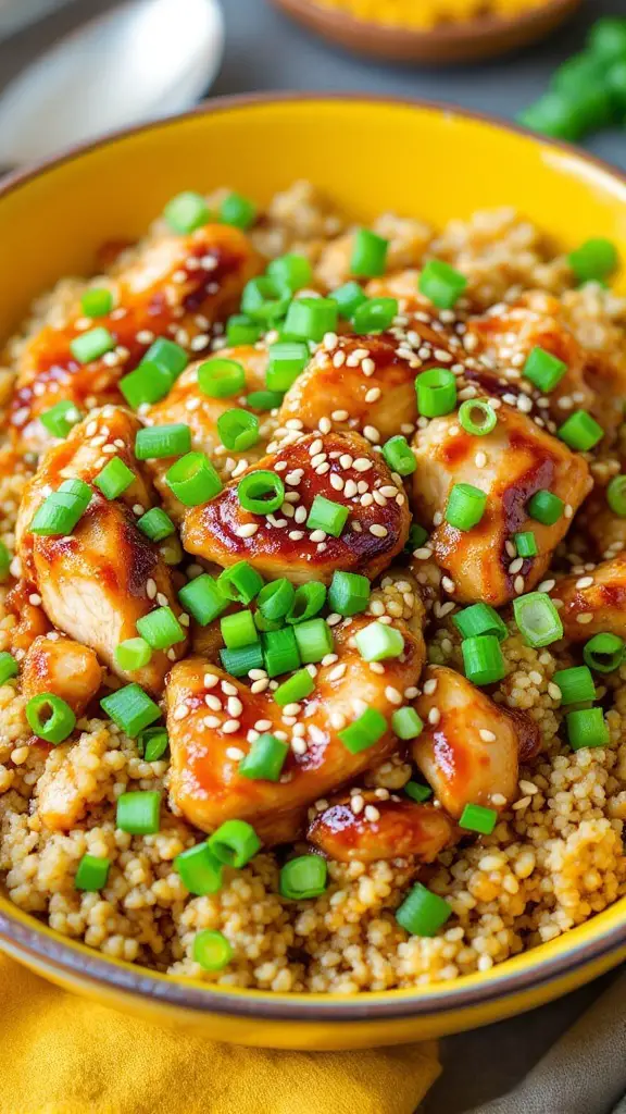 A colorful bowl of Teriyaki Chicken and Quinoa Bake topped with green onions and sesame seeds.