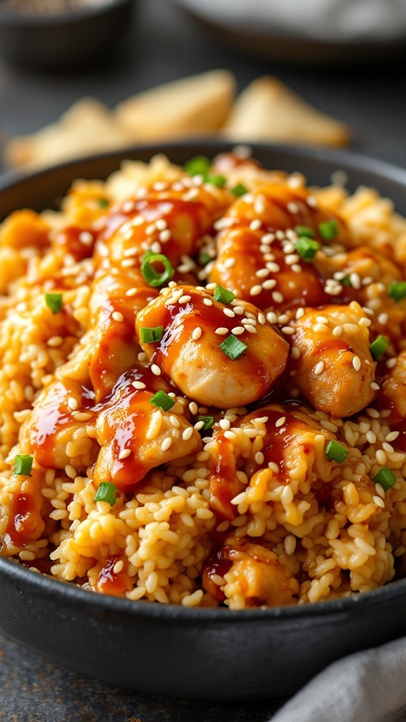 Teriyaki chicken and rice casserole with sesame seeds and green onions