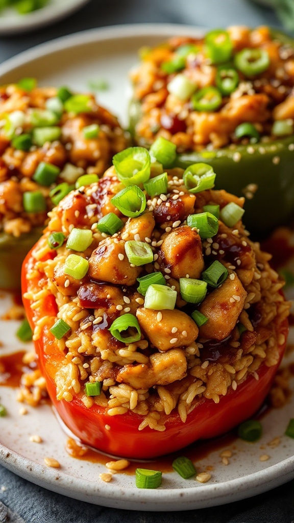 Teriyaki Chicken and Rice Stuffed Peppers with green onions and sesame seeds on top.