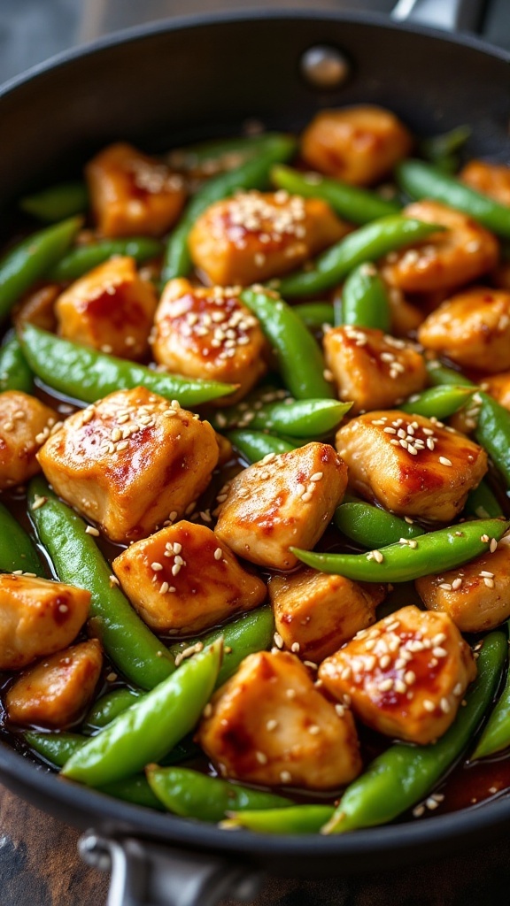 A skillet filled with teriyaki chicken and snow peas, garnished with sesame seeds.