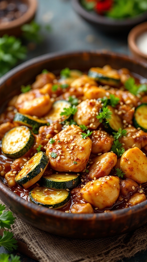 Teriyaki chicken and zucchini bake in a brown bowl