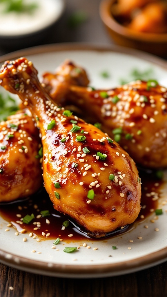 Teriyaki chicken drumsticks garnished with sesame seeds and green onions