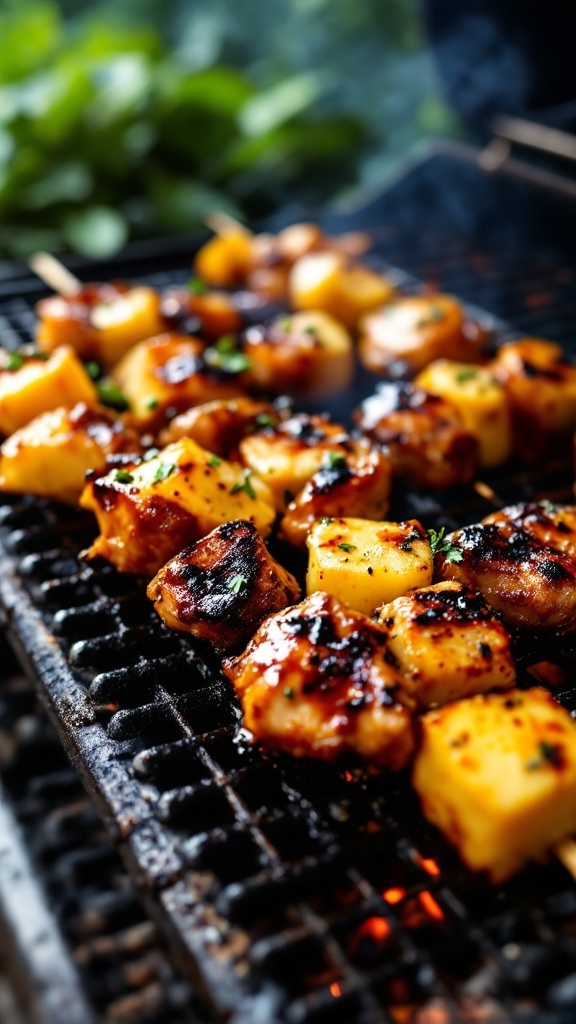 Teriyaki chicken kabobs with pineapple grilling on the barbecue