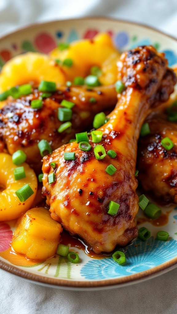 A plate of Teriyaki Chicken Legs with pineapple chunks, garnished with green onions.