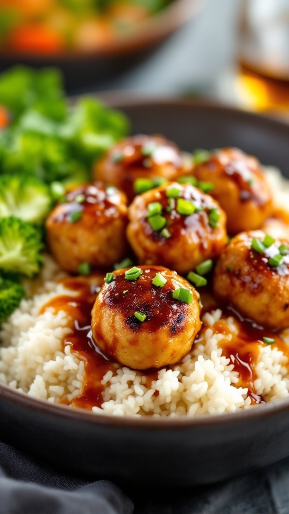 Teriyaki chicken meatballs served over rice with broccoli