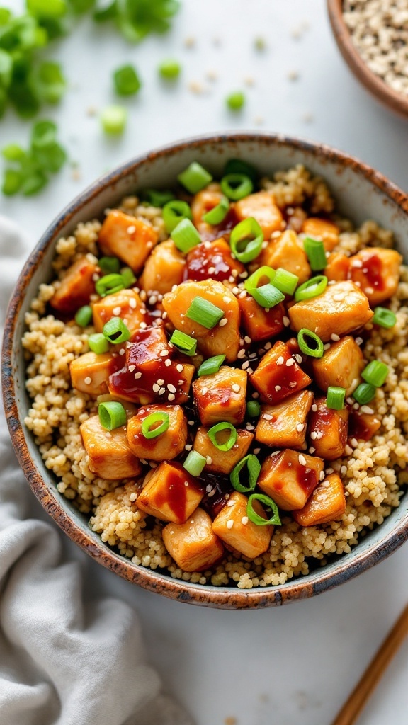 A delicious Teriyaki Chicken Quinoa Bowl topped with green onions and sesame seeds.