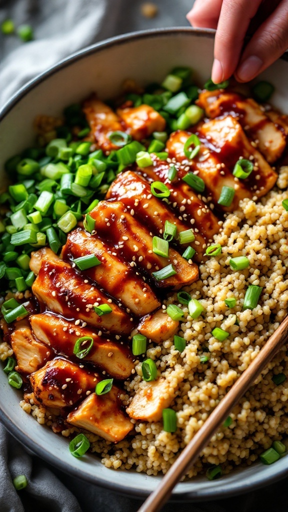 Teriyaki Chicken Quinoa Bowl with sliced chicken, quinoa, and green onions