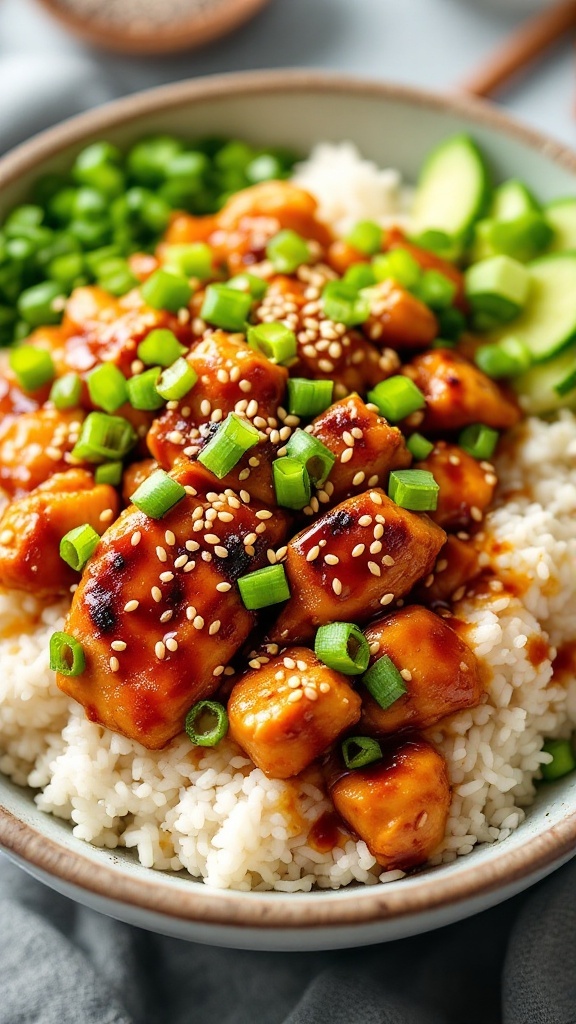 A delicious Teriyaki Chicken Rice Bowl with chicken pieces, green onions, and sesame seeds served over rice.