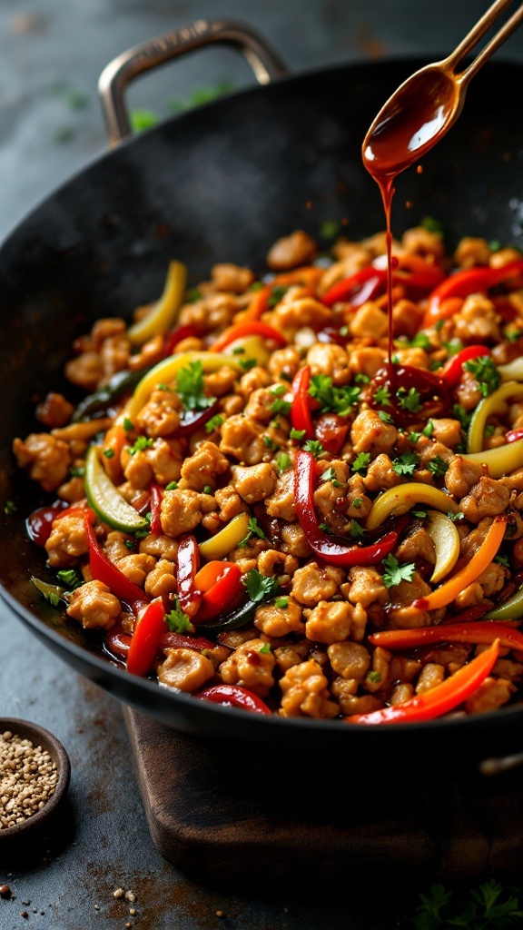 A colorful bowl of teriyaki chicken stir-fry with vibrant vegetables.