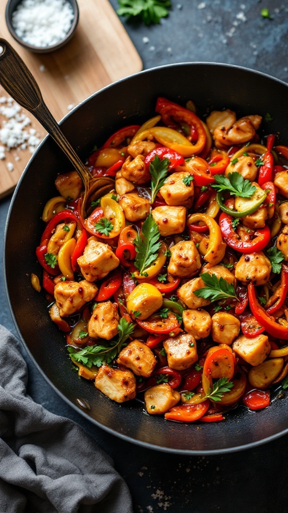 A vibrant bowl of teriyaki chicken stir-fry with colorful bell peppers and snap peas.